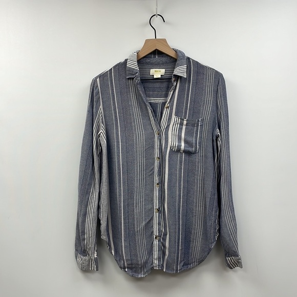 Anthropologie Maeve Chatham Striped Woven Chambray Button Down Shirt Blue Small - Picture 2 of 9